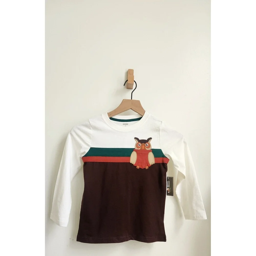 Gymboree Graphic Tee Kids 5T White Brown Owl Applique Long Sleeve Shirt NWT